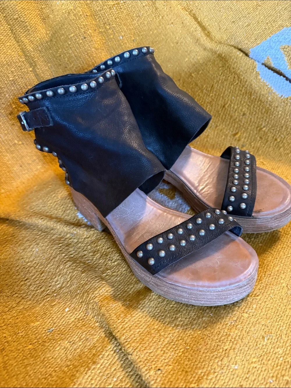 A.S.98 Black Studded Leather Wedge Sandals